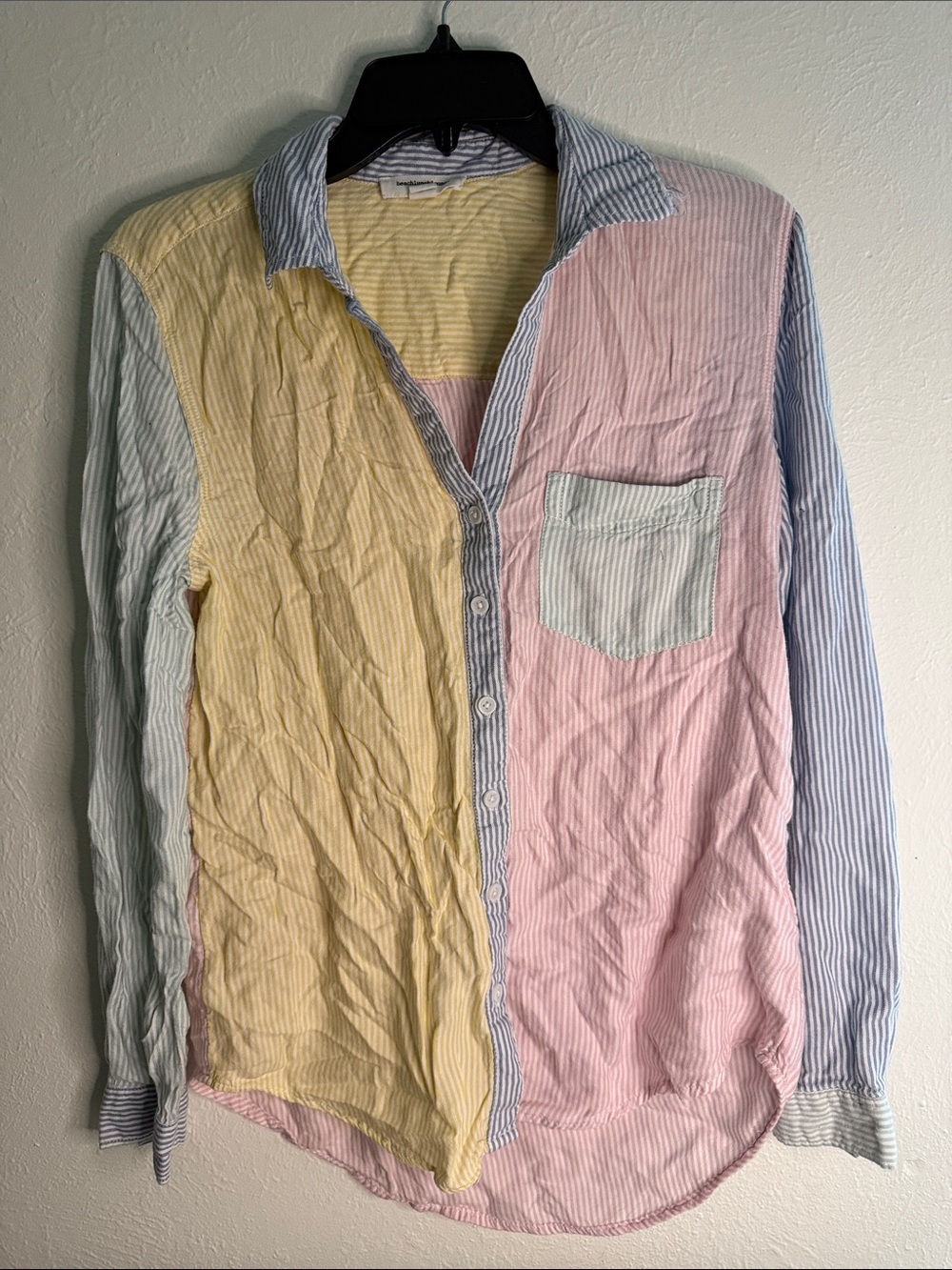 beachlunchlounge Pastel Patchwork Button-Down Shirt in Yellow, Pink & Blue